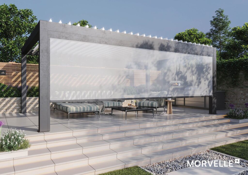 Pergola with zip screen retractable fabric side screen providing wind and rain protection