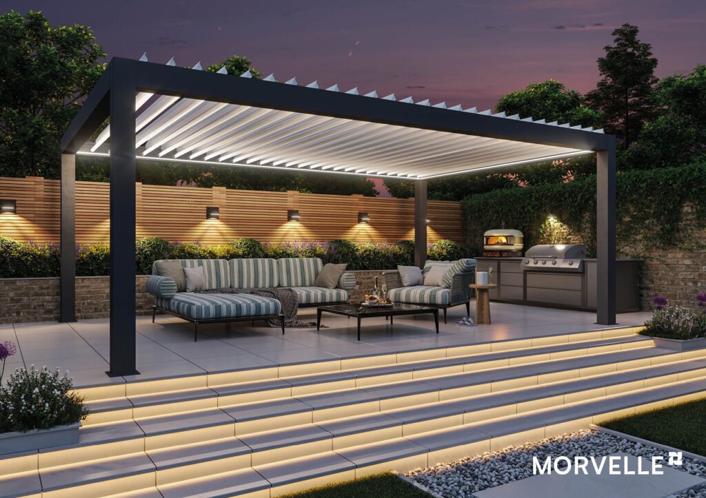 Morvelle pergola in garden at night time with ambient lighting