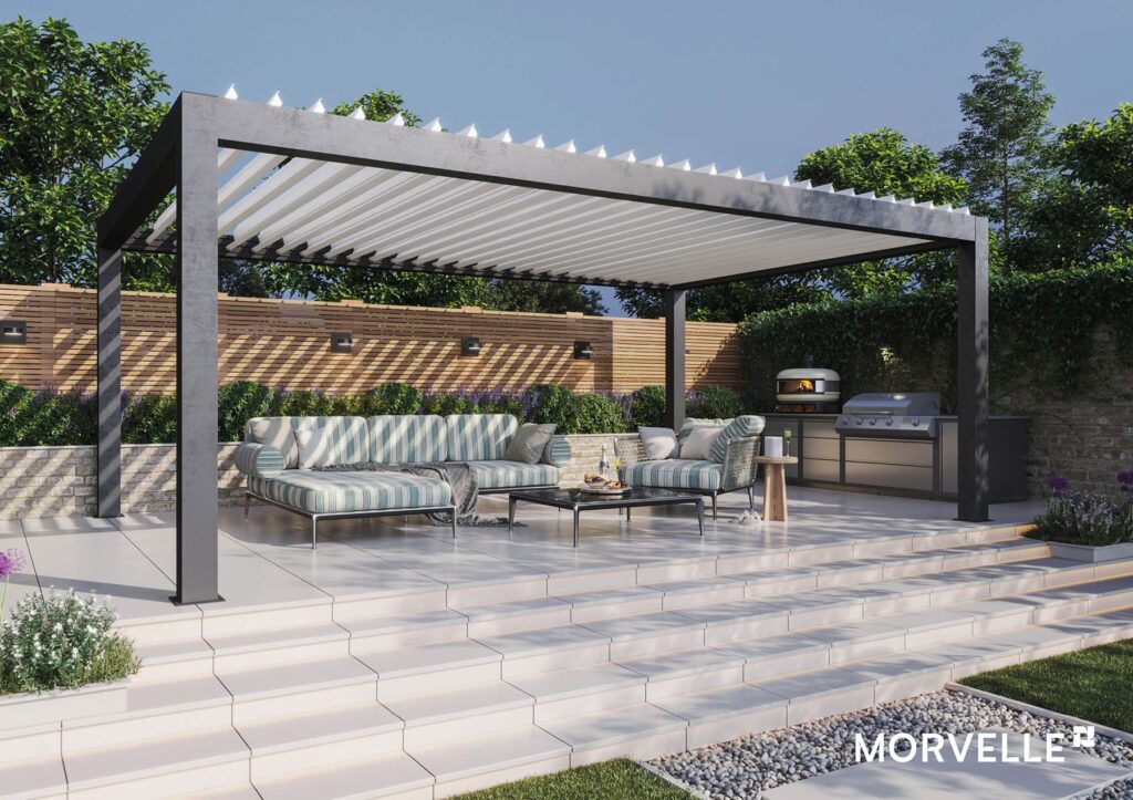 Pergola without zip screen retractable fabric in garden with outdoor kitchen setup